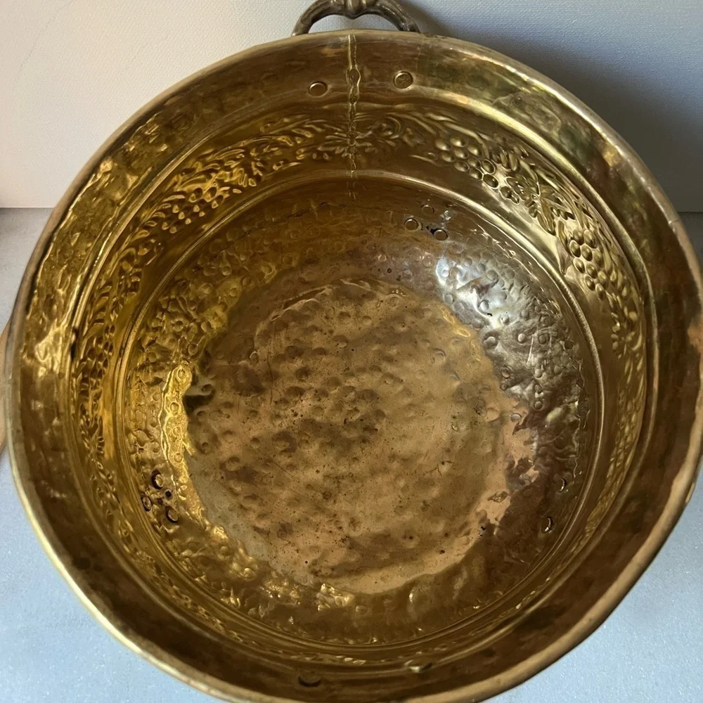 vintage brass footed planter With Handles Embossing Grape Motif India